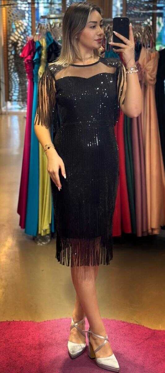 Siyah Kalın Askı Düz Kesim Payet Midi Abiye Elbise 7626