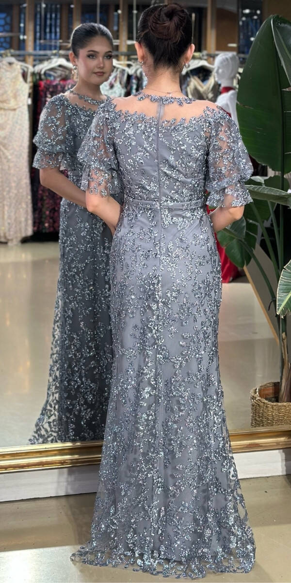 Açık Gri Balon Kollu Dantel Detaylı Düz Kesim Simli Uzun Abiye Elbise 7278 - 2