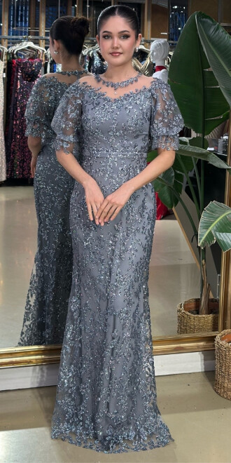 Açık Gri Balon Kollu Dantel Detaylı Düz Kesim Simli Uzun Abiye Elbise 7278 - abiyeniall