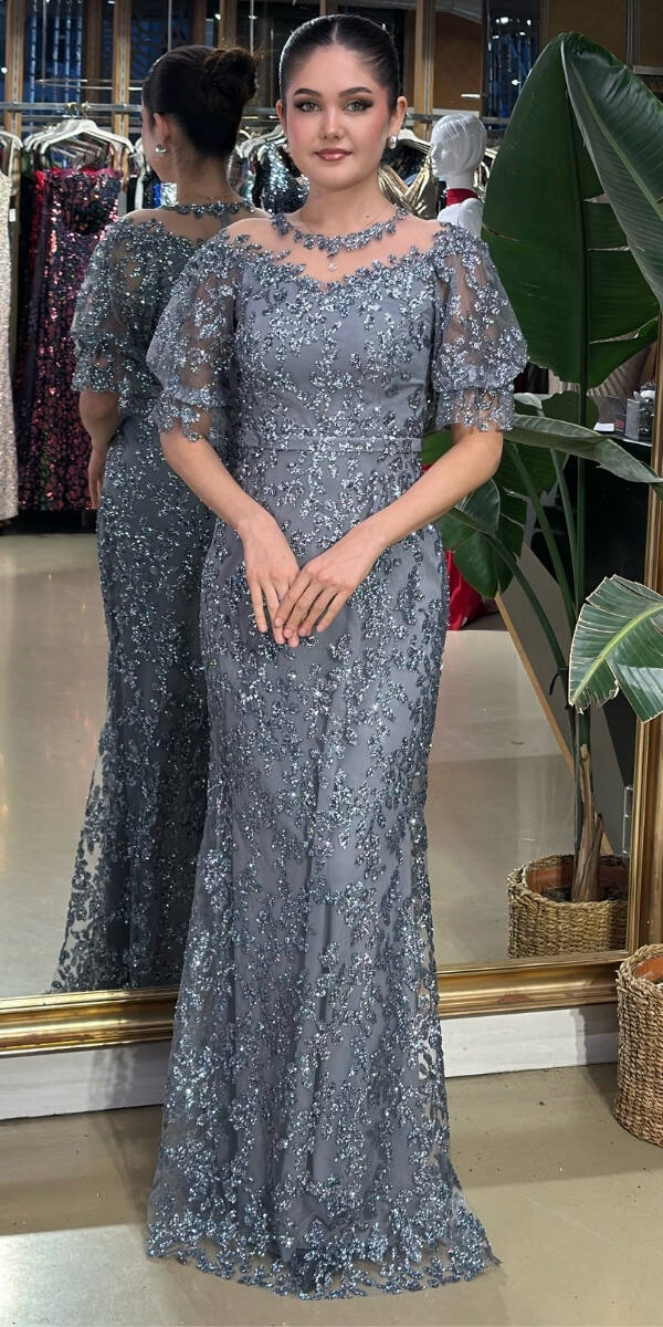 Açık Gri Balon Kollu Dantel Detaylı Düz Kesim Simli Uzun Abiye Elbise 7278 - 1