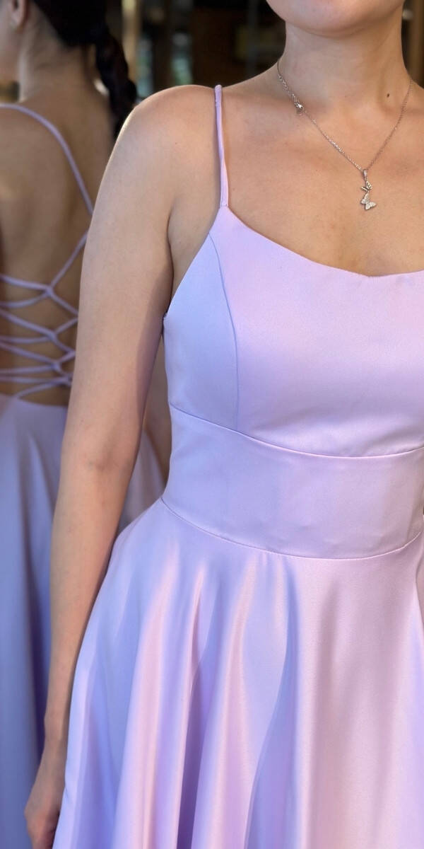 Açık Lila İp Askılı Sırt Dekolteli Kloş Etekli Saten Uzun Abiye Elbise 7590 - 4