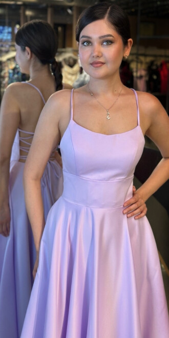 Açık Lila İp Askılı Sırt Dekolteli Kloş Etekli Saten Uzun Abiye Elbise 7590 - 3