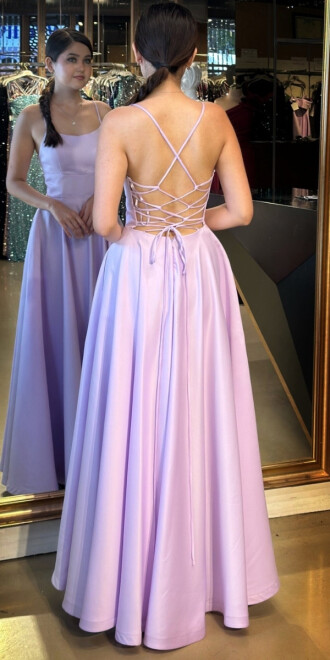 Açık Lila İp Askılı Sırt Dekolteli Kloş Etekli Saten Uzun Abiye Elbise 7590 - 5