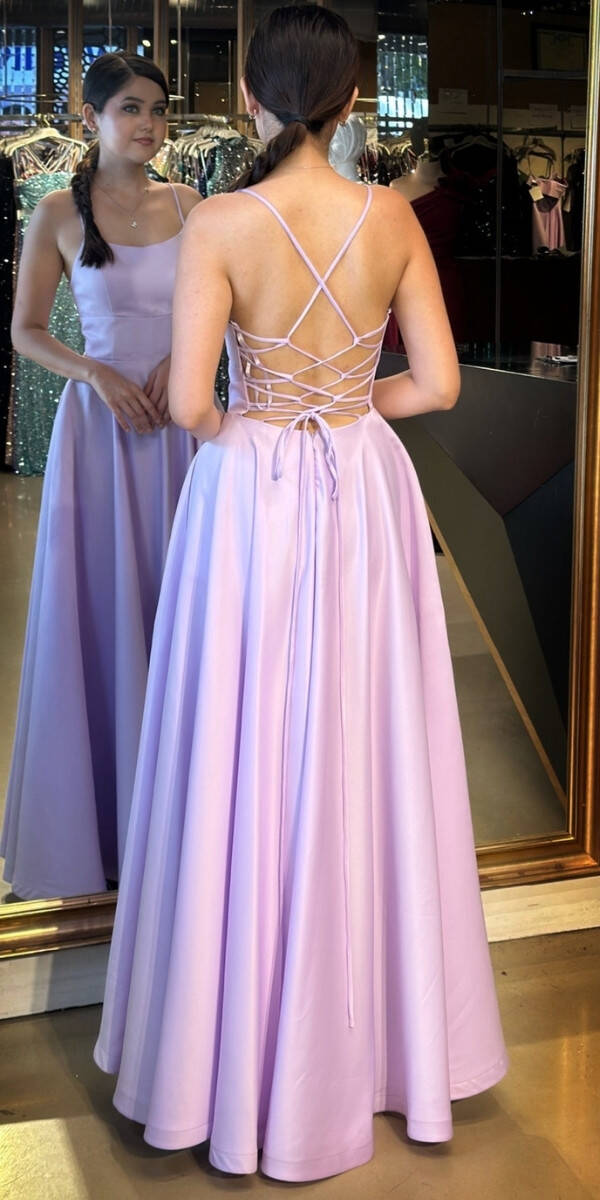 Açık Lila İp Askılı Sırt Dekolteli Kloş Etekli Saten Uzun Abiye Elbise 7590 - 5