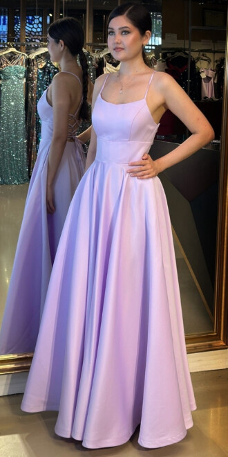 Açık Lila İp Askılı Sırt Dekolteli Kloş Etekli Saten Uzun Abiye Elbise 7590 - 2