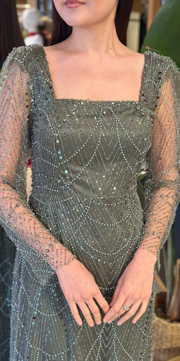 Açık Olive Kare Yaka Uzun Kollu Kloş Etekli Pullu Boncuklu Uzun Abiye Elbise 11047-20 - 4