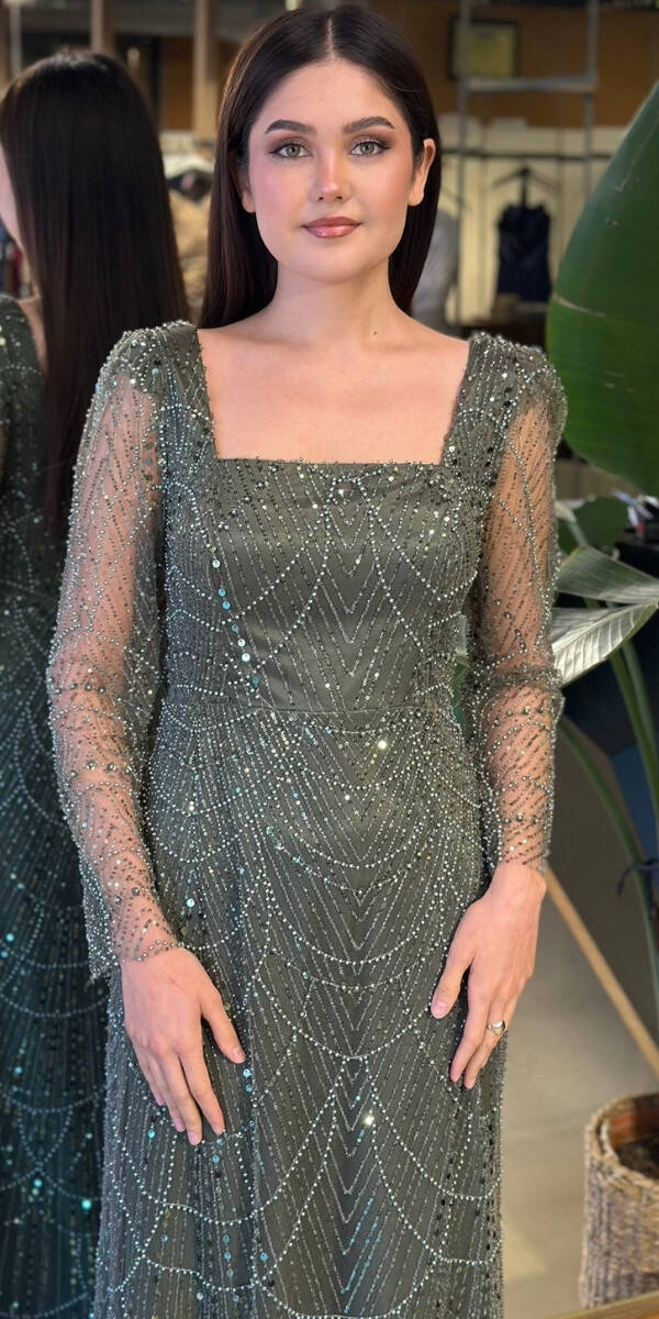 Açık Olive Kare Yaka Uzun Kollu Kloş Etekli Pullu Boncuklu Uzun Abiye Elbise 11047-20 - 3