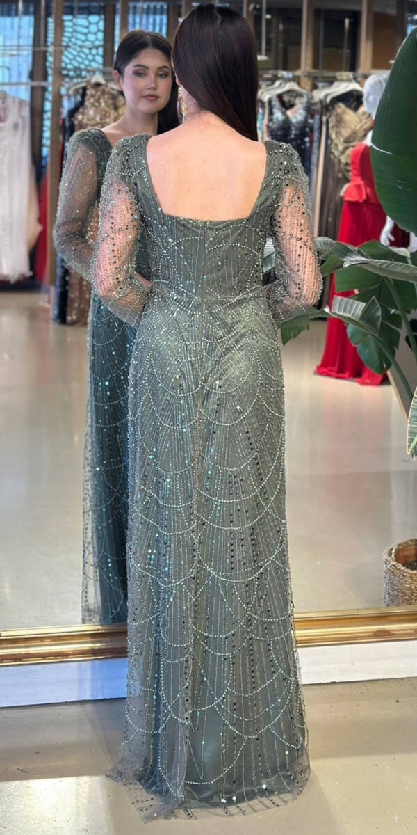 Açık Olive Kare Yaka Uzun Kollu Kloş Etekli Pullu Boncuklu Uzun Abiye Elbise 11047-20 - 5