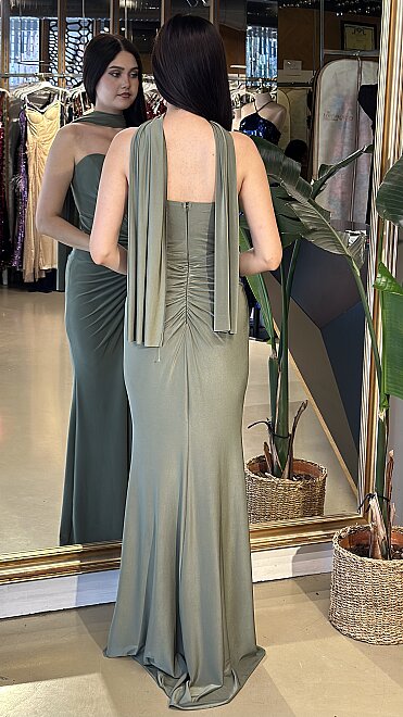 Açık Olive Straplez Yaka Taş Detaylı Yırtmaçlı Düz Kesim Likralı Şallı Uzun Abiye Elbise 13-11266 - 5