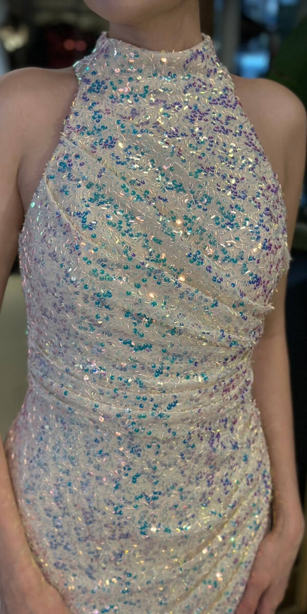 Açık Pudra Halter Yaka Yırtmaçlı Düz Kesim Likralı Payet Uzun Abiye Elbise 7781 - 4