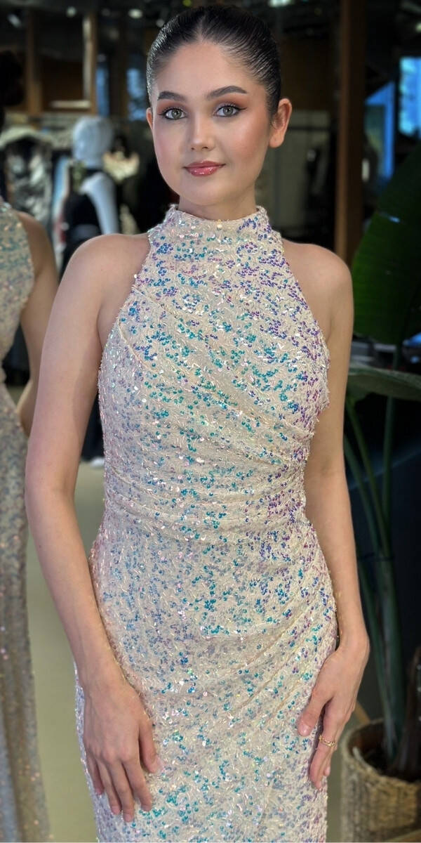 Açık Pudra Halter Yaka Yırtmaçlı Düz Kesim Likralı Payet Uzun Abiye Elbise 7781 - 3