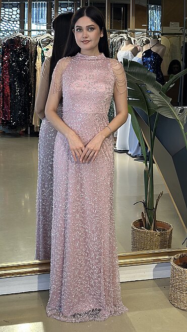Açık Rose Halter Yaka Boncuk İşlemeli Düz Kesim Pullu Boncuklu Uzun Abiye Elbise 19-11154 