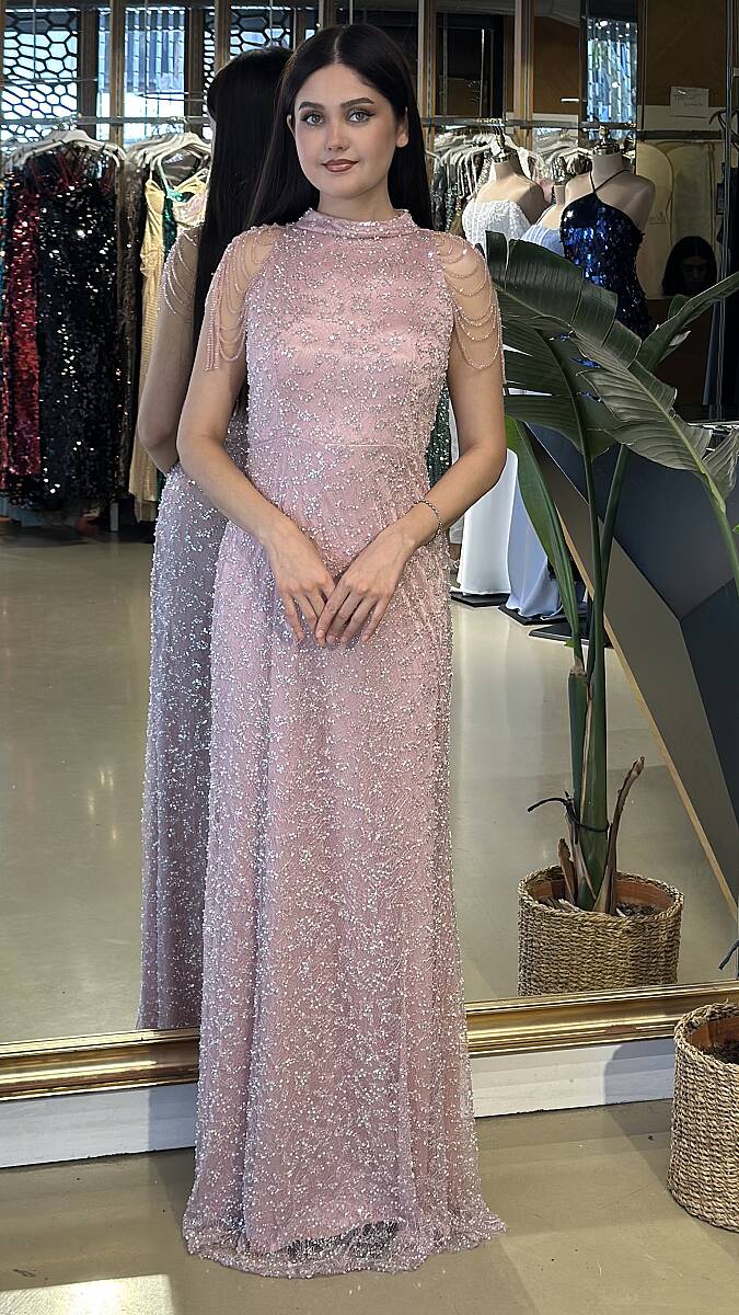 Açık Rose Halter Yaka Boncuk İşlemeli Düz Kesim Pullu Boncuklu Uzun Abiye Elbise 19-11154 - 1