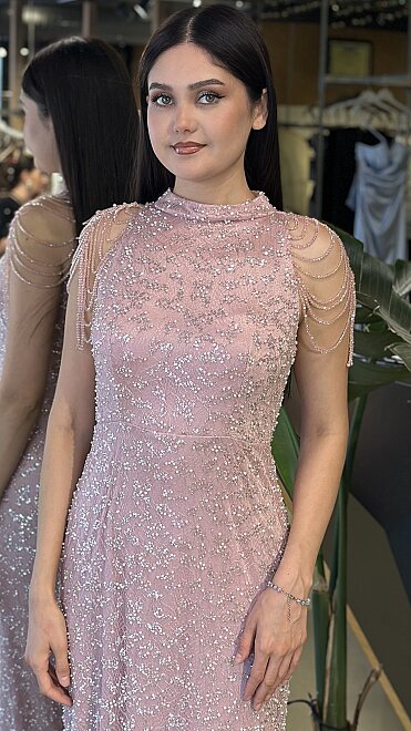 Açık Rose Halter Yaka Boncuk İşlemeli Düz Kesim Pullu Boncuklu Uzun Abiye Elbise 19-11154 - 3