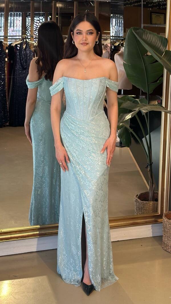 Açık Yeşil Sırt Dekolteli Anvelop Yırtmaçlı Likralı Dantel Uzun Abiye Elbise 11213-05 - 1