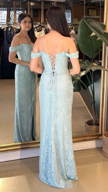 Açık Yeşil Sırt Dekolteli Anvelop Yırtmaçlı Likralı Dantel Uzun Abiye Elbise 11213-05 - 5