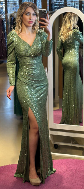 Açık Yeşil Uzun Kollu Yırtmaçlı Düz Kesim Payet Uzun Abiye Elbise 7321 - abiyeniall