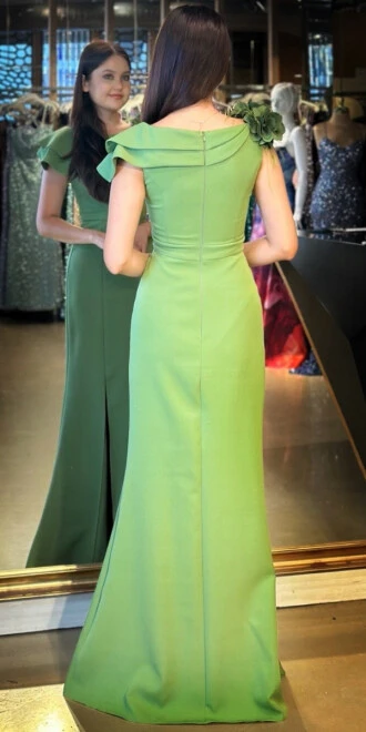 Ada Çayı Rengi Çiçek Detaylı Yırtmaçlı Düz Kesim Krep Uzun Abiye Elbise 11027 - 5