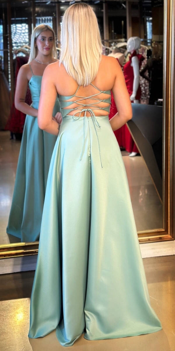 Adaçayı Rengi İp Askılı Sırt Dekolteli Kloş Etekli Saten Uzun Abiye Elbise 7764 - 5