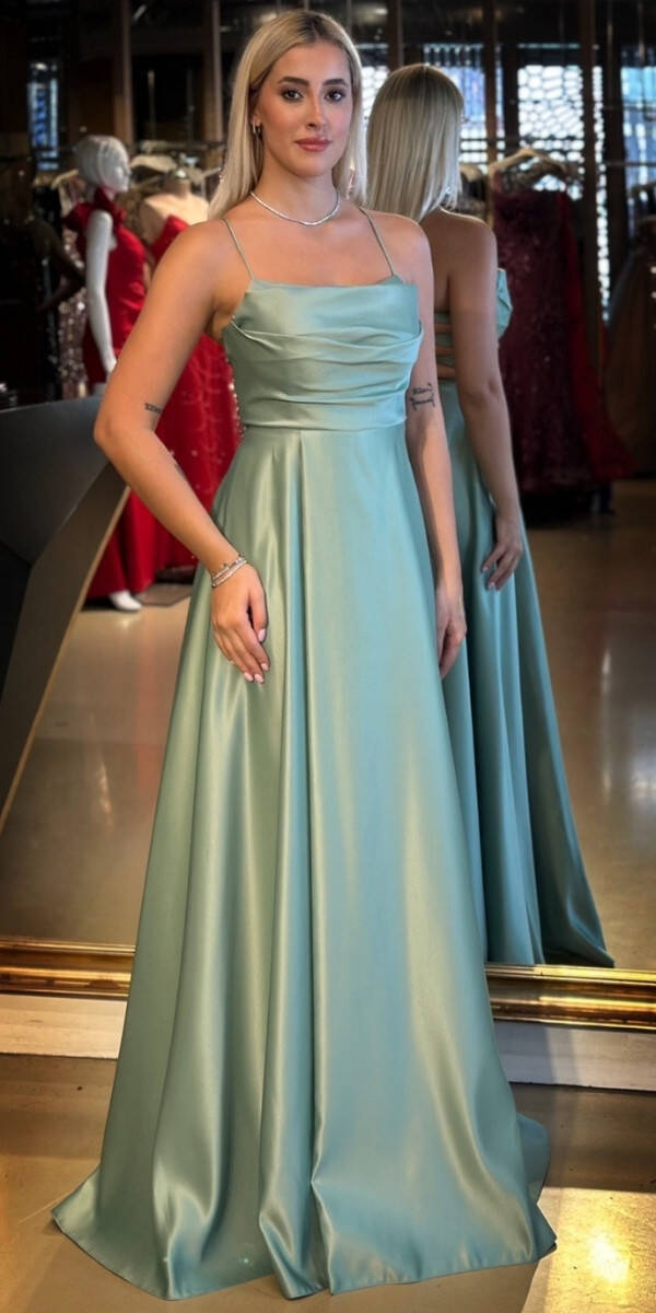 Adaçayı Rengi İp Askılı Sırt Dekolteli Kloş Etekli Saten Uzun Abiye Elbise 7764 - 1