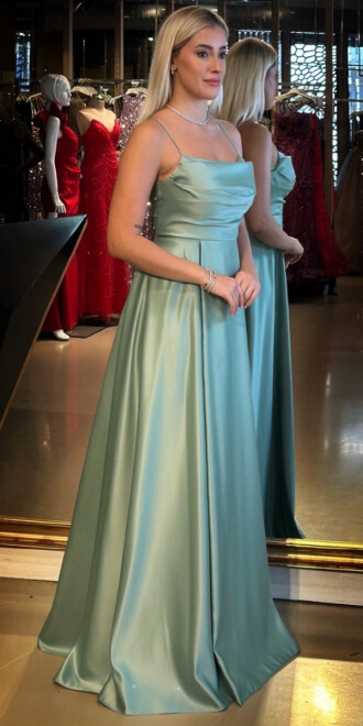 Adaçayı Rengi İp Askılı Sırt Dekolteli Kloş Etekli Saten Uzun Abiye Elbise 7764 - 2