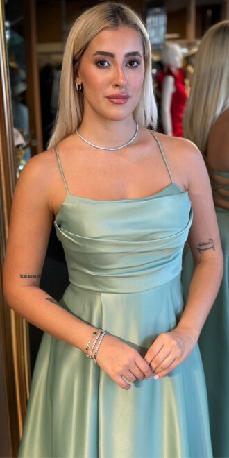 Adaçayı Rengi İp Askılı Sırt Dekolteli Kloş Etekli Saten Uzun Abiye Elbise 7764 - 3