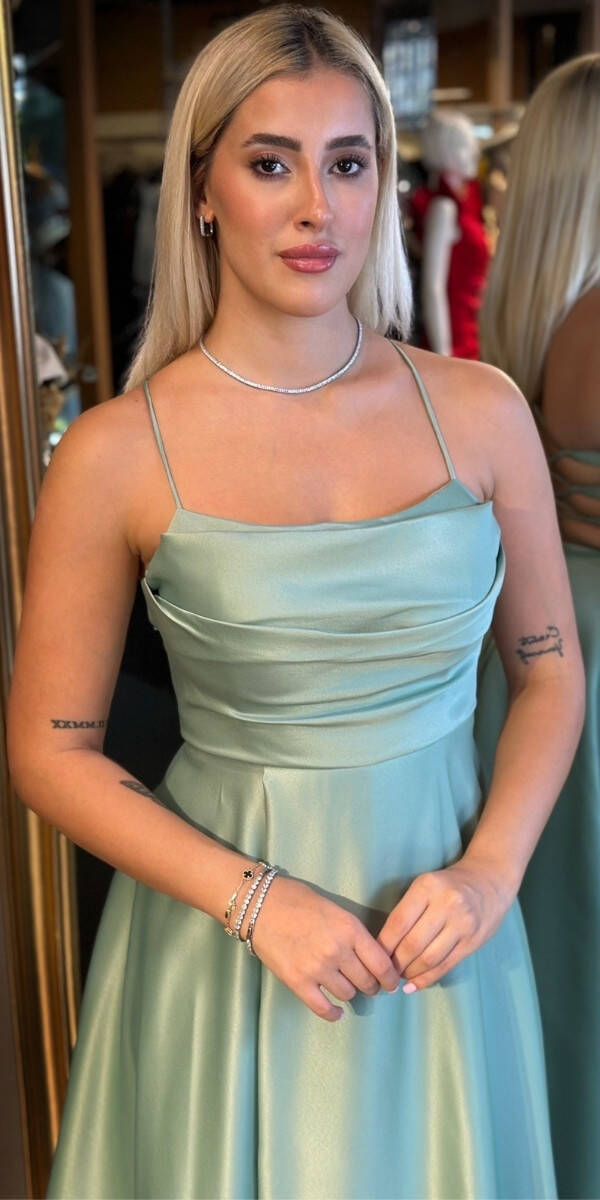 Adaçayı Rengi İp Askılı Sırt Dekolteli Kloş Etekli Saten Uzun Abiye Elbise 7764 - 3