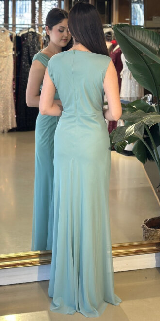 AdaÇayı Yeşili Kalın Askı Yırtmaçlı Düz Kesim Likralı Uzun Abiye Elbise 7648 - 2