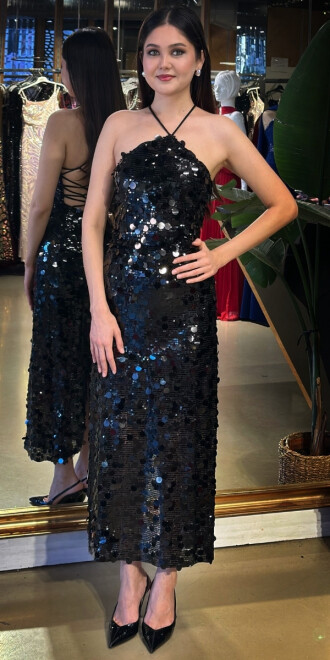 A.P Siyah Halter Yaka Sırt Dekolteli Yırtmaçlı Düz Kesim Payet Midi Abiye Elbise 11042-03 - abiyeniall