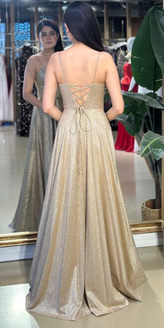 Açık Bakır İp Askılı Sırt Dekolteli Anvelop Yırtmaçlı Kloş Etekli Simli Uzun Abiye Elbise 6885 - 2