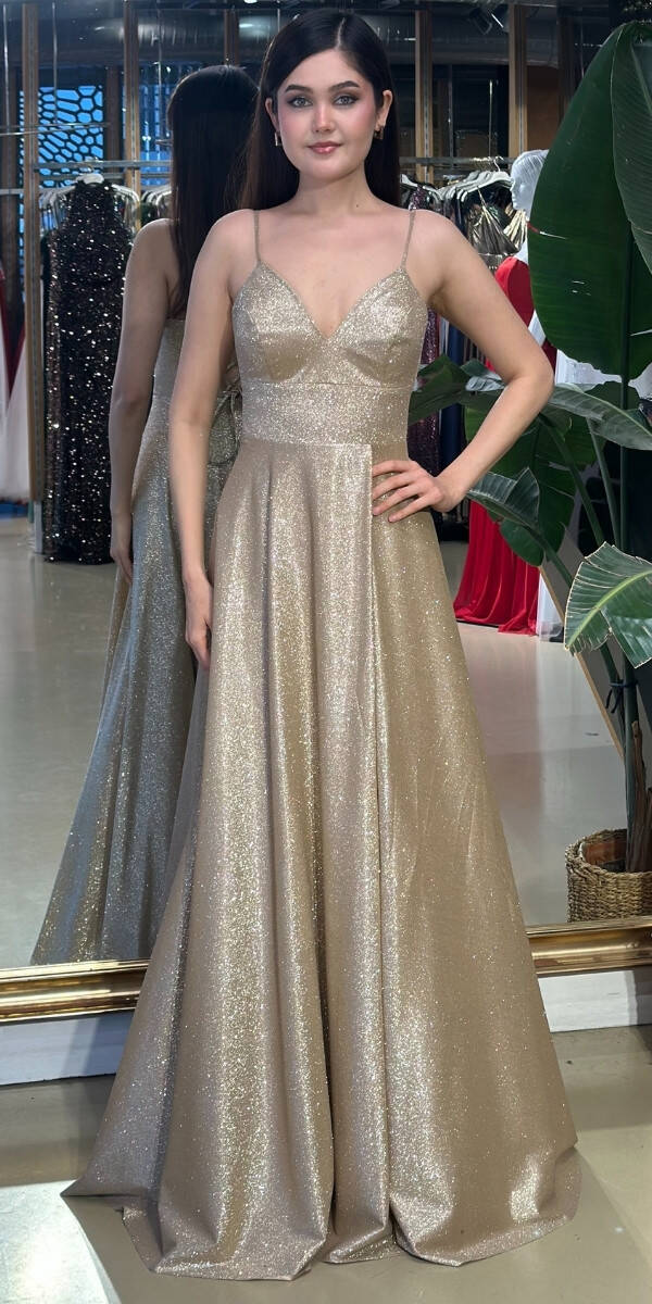 Açık Bakır İp Askılı Sırt Dekolteli Anvelop Yırtmaçlı Kloş Etekli Simli Uzun Abiye Elbise 6885 - 1