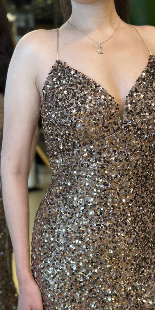 Bakır İp Askılı V Yaka Sırt Dekolteli Balık Etekli Pul Payet Uzun Abiye Elbise 7714 - 4