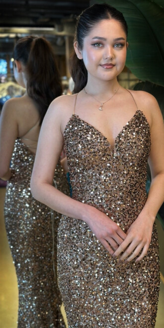 Bakır İp Askılı V Yaka Sırt Dekolteli Balık Etekli Pul Payet Uzun Abiye Elbise 7714 - 3