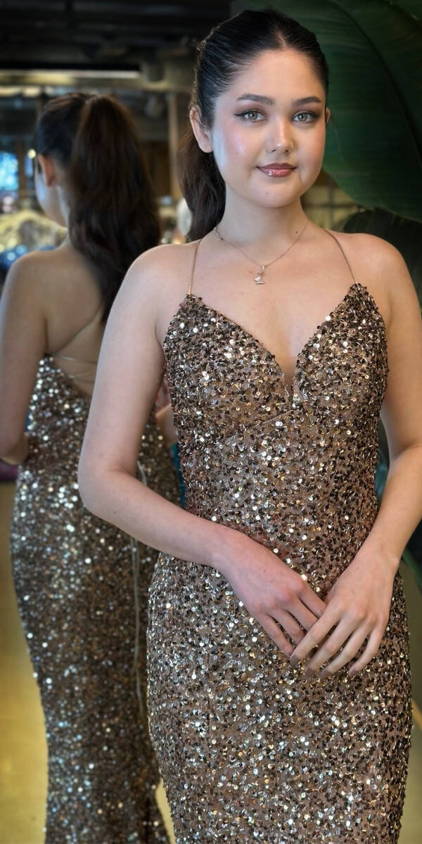 Bakır İp Askılı V Yaka Sırt Dekolteli Balık Etekli Pul Payet Uzun Abiye Elbise 7714 - 3