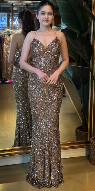 Bakır İp Askılı V Yaka Sırt Dekolteli Balık Etekli Pul Payet Uzun Abiye Elbise 7714 - 1