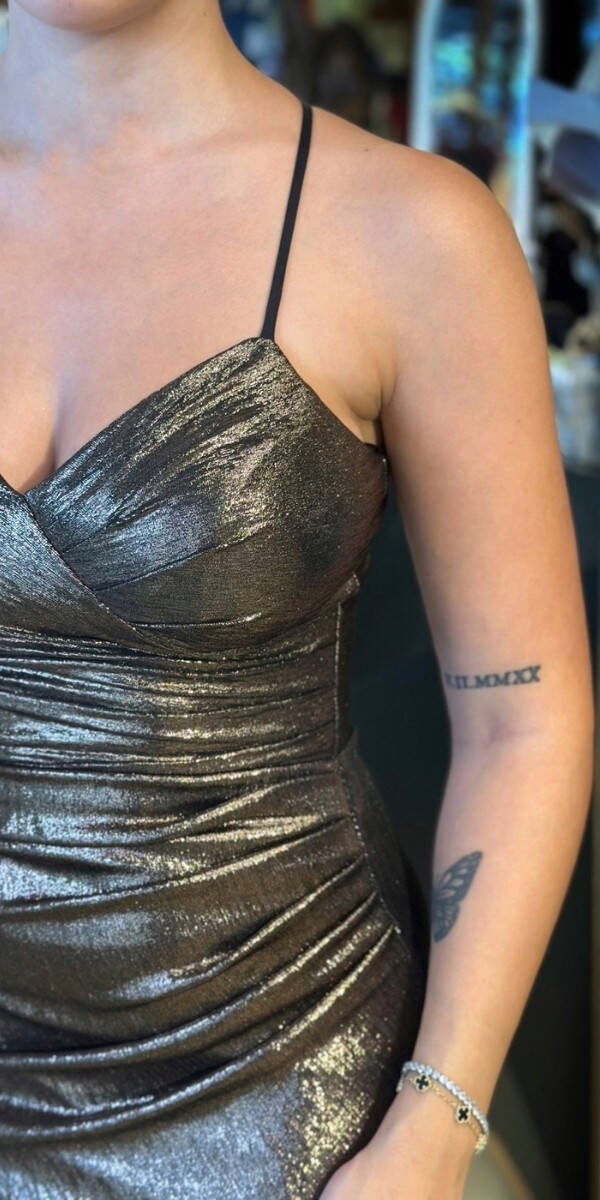 Bakır V Yaka İp Askılı Sırt Dekolteli Düz Kesim Parlak Kumaş Uzun Abiye Elbise 11086-01 - 4