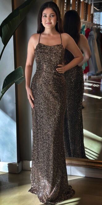 Bakır İp Askılı Sırt Dekolteli Düz Kesim Pullu Boncuklu Uzun Abiye Elbise 7698 - 1