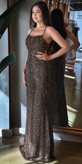 Bakır İp Askılı Sırt Dekolteli Düz Kesim Pullu Boncuklu Uzun Abiye Elbise 7698 - 3