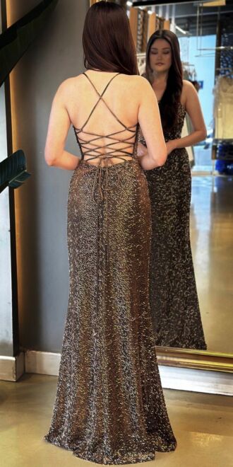 Bakır İp Askılı Sırt Dekolteli Düz Kesim Pullu Boncuklu Uzun Abiye Elbise 7698 - 5