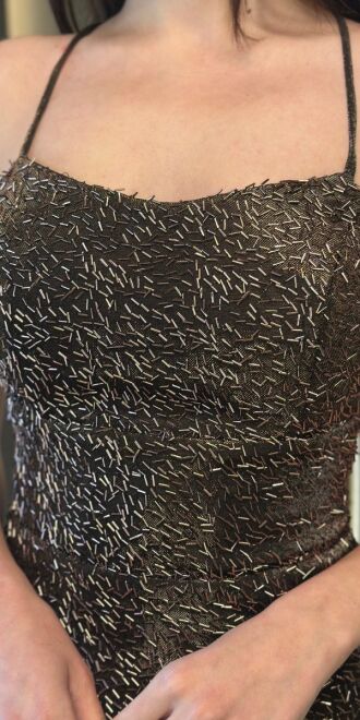 Bakır İp Askılı Sırt Dekolteli Düz Kesim Pullu Boncuklu Uzun Abiye Elbise 7698 - 4