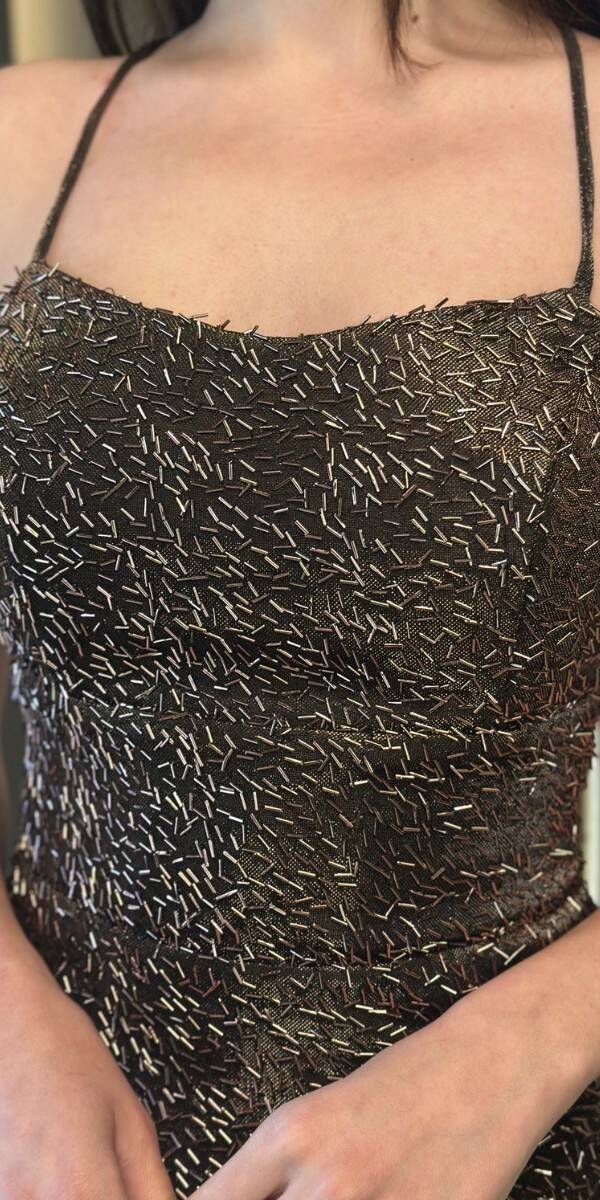 Bakır İp Askılı Sırt Dekolteli Düz Kesim Pullu Boncuklu Uzun Abiye Elbise 7698 - 4