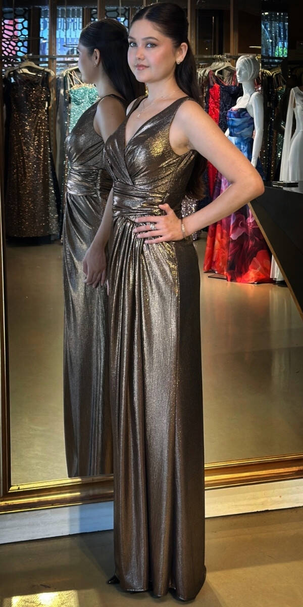 Bakır Kalın Askı V Yaka Anvelop Yırtmaçlı Düz Kesim Simli Uzun Abiye Elbise 11074 - 2