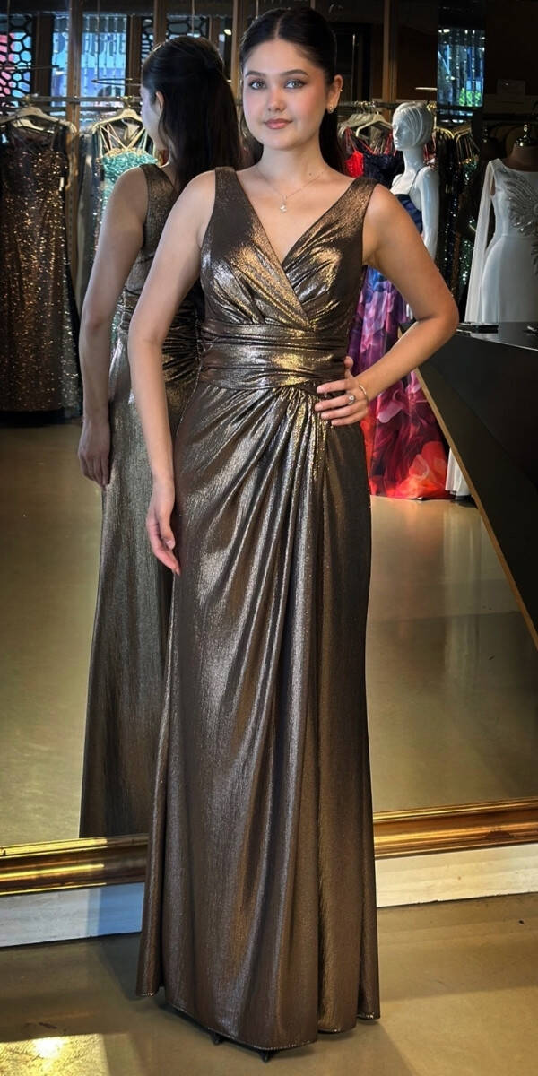 Bakır Kalın Askı V Yaka Anvelop Yırtmaçlı Düz Kesim Simli Uzun Abiye Elbise 11074 - 1