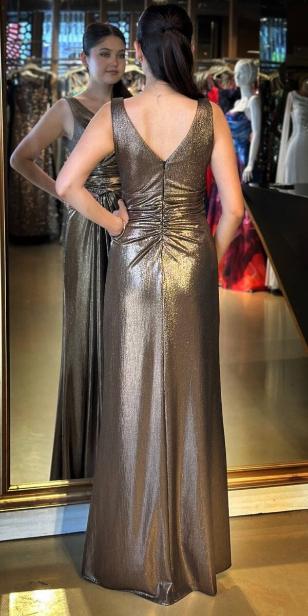 Bakır Kalın Askı V Yaka Anvelop Yırtmaçlı Düz Kesim Simli Uzun Abiye Elbise 11074 - 5