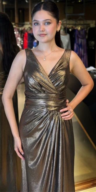 Bakır Kalın Askı V Yaka Anvelop Yırtmaçlı Düz Kesim Simli Uzun Abiye Elbise 11074 - 3