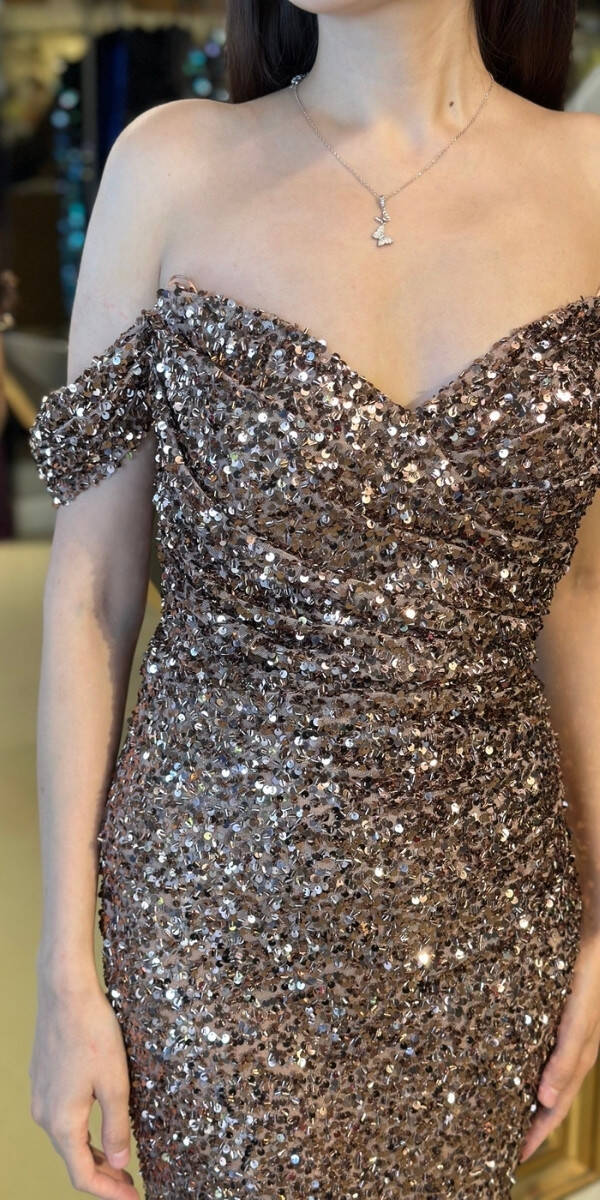 Bakır Madonna Yaka Düz Kesim Payet Uzun Abiye Elbise 11085 - 4