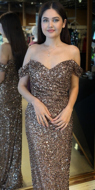 Bakır Madonna Yaka Düz Kesim Payet Uzun Abiye Elbise 11085 - 3