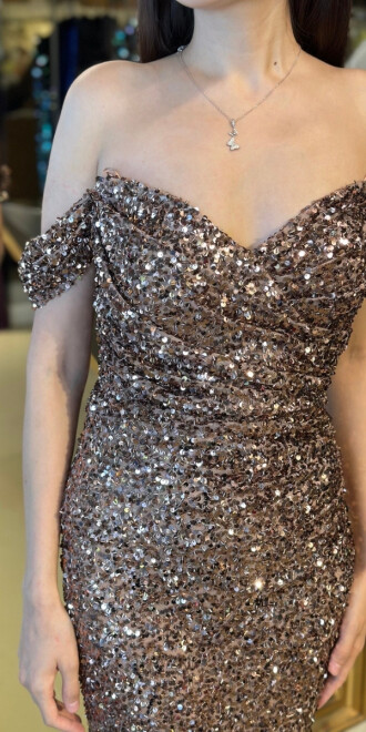 Bakır Madonna Yaka Düz Kesim Payet Uzun Abiye Elbise 11085 - 4