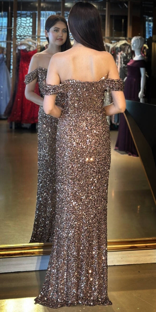 Bakır Madonna Yaka Düz Kesim Payet Uzun Abiye Elbise 11085 - 5