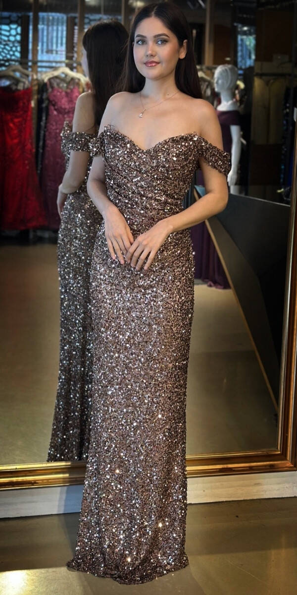 Bakır Madonna Yaka Düz Kesim Payet Uzun Abiye Elbise 11085 - 1